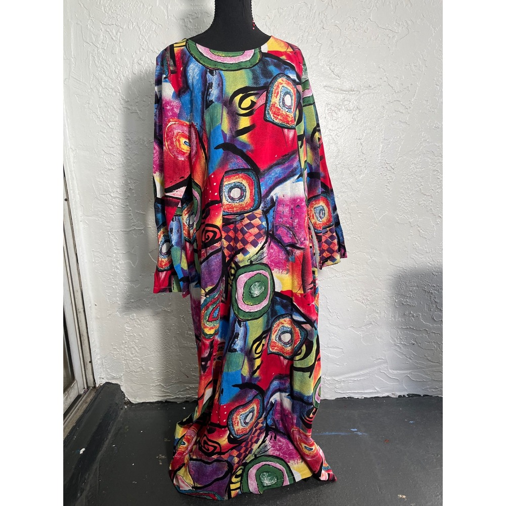 NWT Audate XL Abstract Art Print Linen Cotton Maxi Dress Lagenlook Boho